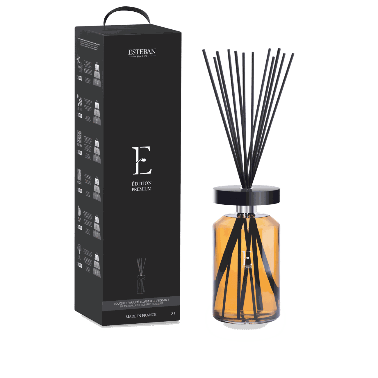 Bouquet parfumé rechargeable Esteban Paris Édition Premium 3 L, diffuseur de parfum d’intérieur grand format en flacon de verre ambré avec capot noir et tiges parfumées noires
