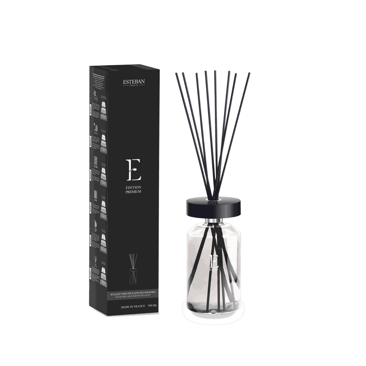 Bouquet parfumé rechargeable Esteban Paris Édition Premium 990 ml, diffuseur de parfum d’intérieur en flacon de verre transparent avec capot noir brillant et tiges parfumées noires
Afficher plus de lignes