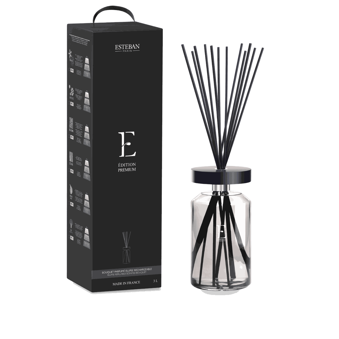 Bouquet parfumé rechargeable Esteban Paris Édition Premium 3 L, diffuseur de parfum d’intérieur en flacon de verre transparent grand format avec capot noir brillant et tiges parfumées noires
