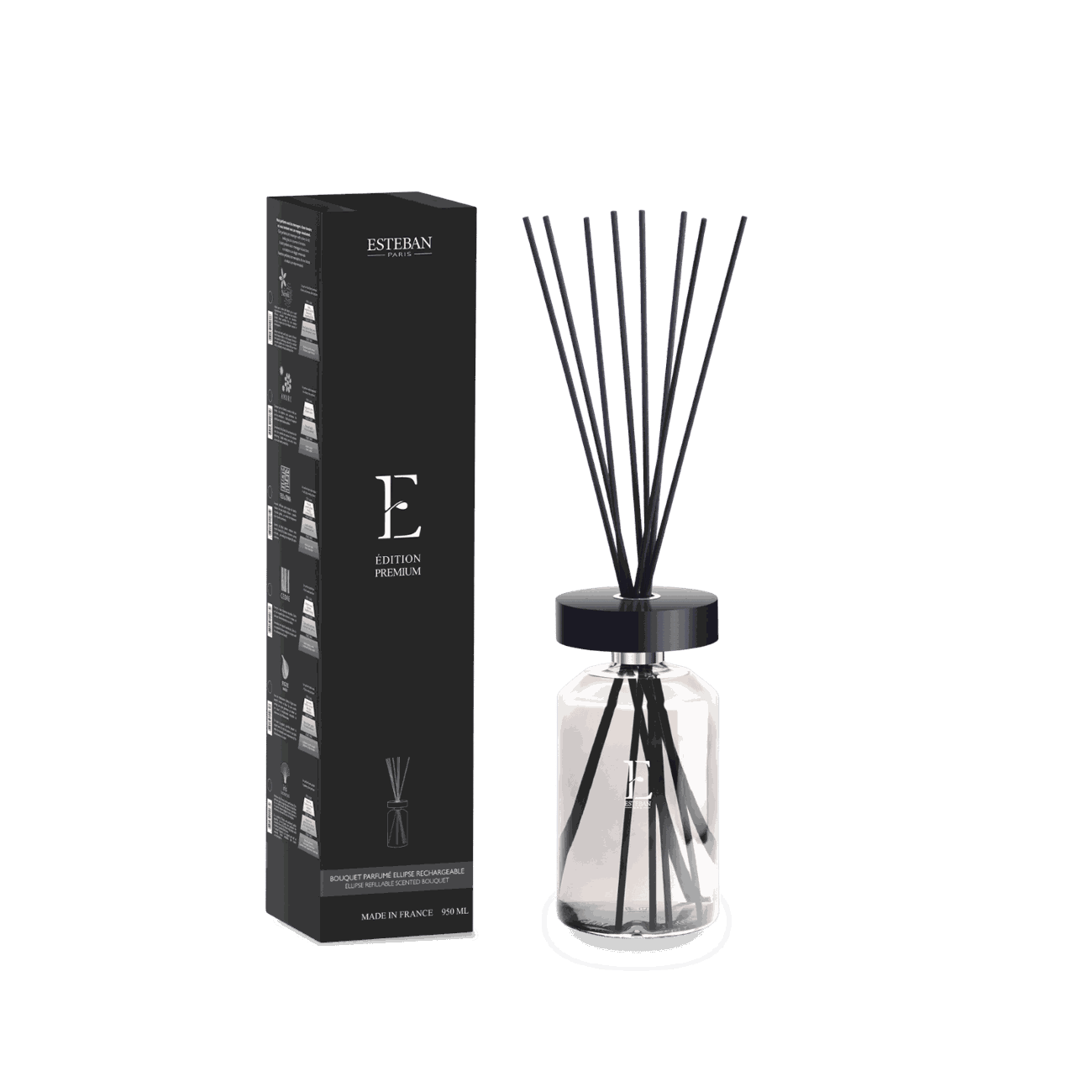Bouquet parfumé rechargeable Esteban Paris Édition Premium 990 ml, diffuseur de parfum d’intérieur en flacon de verre transparent avec capot noir brillant et tiges parfumées noires