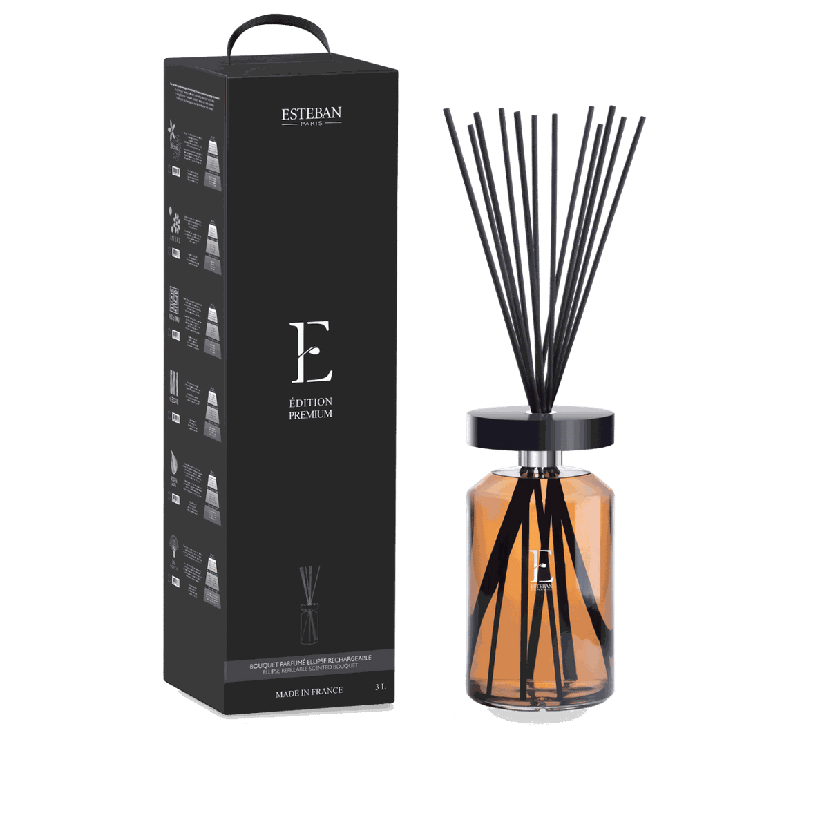 Bouquet parfumé rechargeable Esteban Paris Édition Premium 3 L, diffuseur de parfum d’intérieur grand format en flacon de verre ambré avec capot noir brillant et tiges parfumées noires